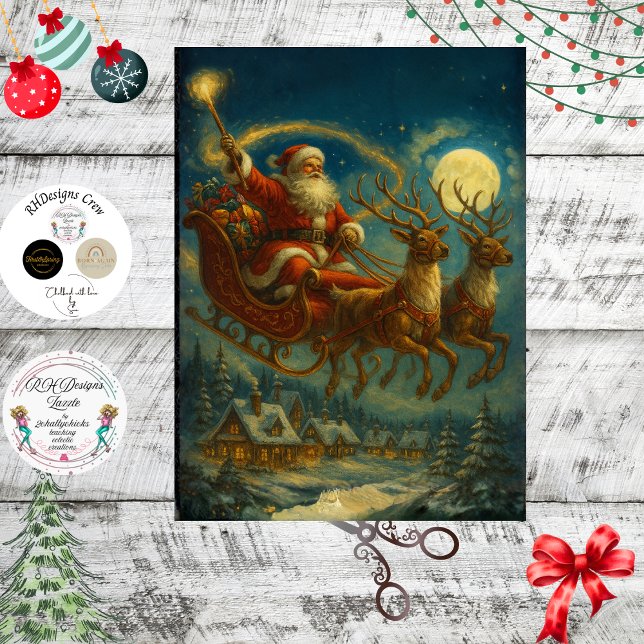 Decoupage Santa & Reindeer Sleighing in Night Sky  Tissue Paper (Creator Uploaded)
