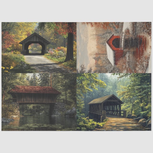 Decoupage Set of 4 Covered Bridges  Tissue Paper (Front)