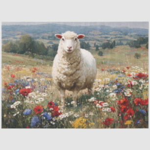 Decoupage Sheep Red White Blue Flowers Tissue Paper