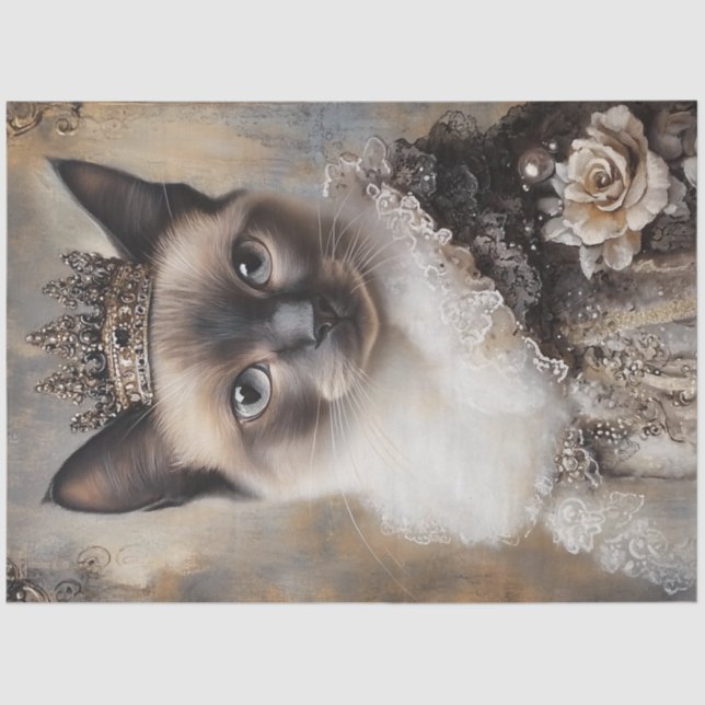 Decoupage Siamese Cat Royal Fantasy Crown  Tissue Paper (Front)