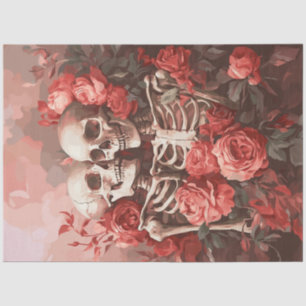 Decoupage Skeleton Couple in Peach and Red Roses Tissue Paper