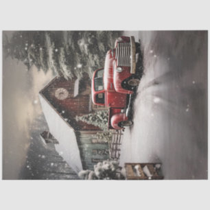 Decoupage Snowy Landscape Red Truck Barn Tissue Paper
