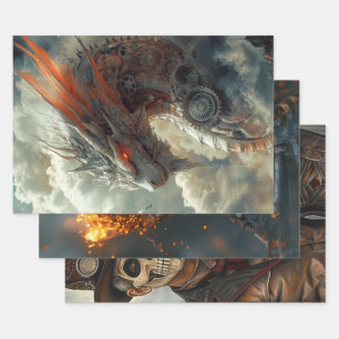 Decoupage Steampunk Dragon, Skull, & Couple  Wrapping Paper Sheet
