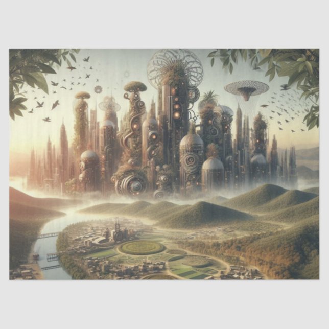 Decoupage Steampunk Garden City Fantasy City Tissue Paper (Front)