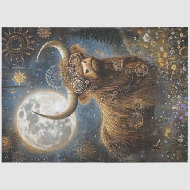 Decoupage Steampunk Highland Cow & Moon  Tissue Paper (Front)