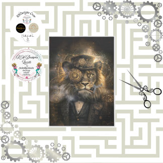 Decoupage Steampunk Lion Intricate Gears Cigar Tissue Paper