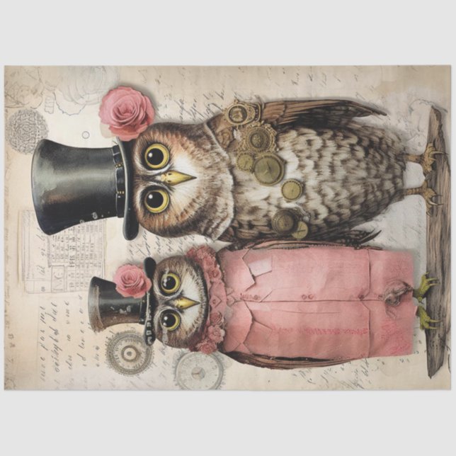Decoupage Steampunk Mr. & Mrs Owl Scrapbooking  Tissue Paper (Front)