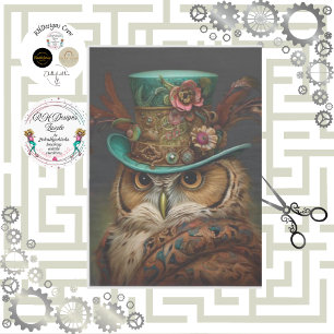 Decoupage Steampunk Owl Teal & Feathered Hat Tissue Paper