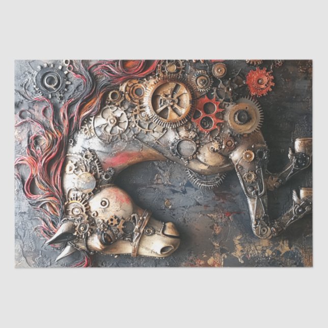 Decoupage Steampunk Rust Horse With Gears Tissue Paper (Front)
