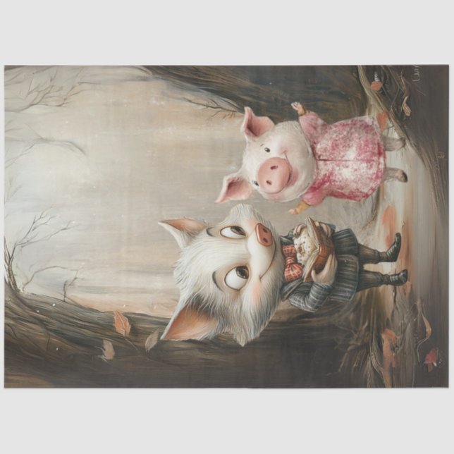 Decoupage Story Book Illustration Wolf & Pig Woods Tissue Paper (Front)