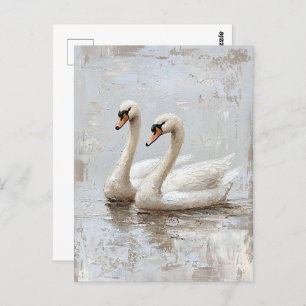 Decoupage Swan Pair Oil Painting Postcard