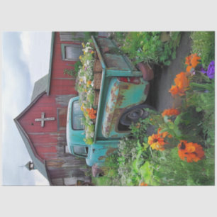 Decoupage Teal Truck Loaded with Flowers Red Barn Tissue Paper