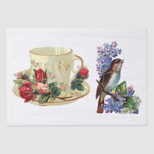 DECOUPAGE TISSUE PAPER : VINTAGE TEACUP AND BIRD (Front)