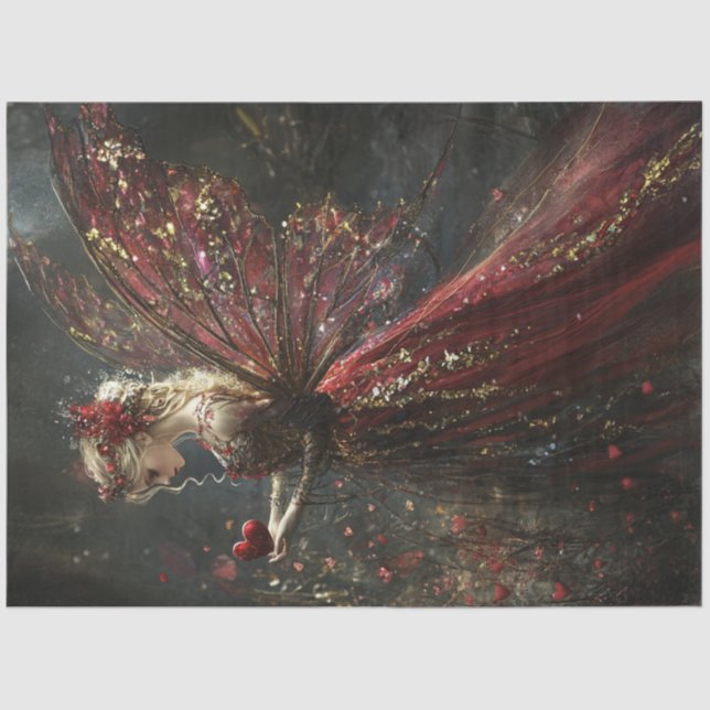 Decoupage Valentine Blonde Fairy in Red & Gold  Tissue Paper (Front)