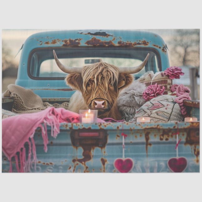 Decoupage Valentine Highland Cow Vintage Truck Tissue Paper (Front)