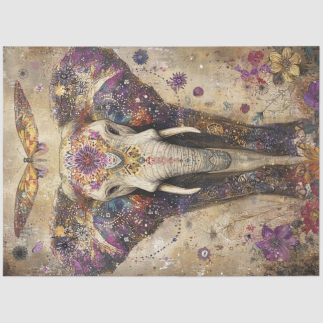 Decoupage Vibrant Elephant Colourful Flowers Tissue Paper (Front)