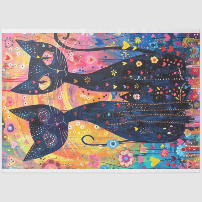 Decoupage Vibrant Pink Yellow Blue Cats Art Piece Tissue Paper (Front)