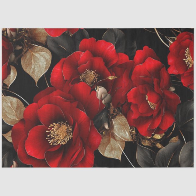 Decoupage Vibrant Red Roses Golden & Dark Leaves Tissue Paper (Front)