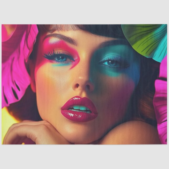 Decoupage Vibrant Woman Hues Yellow Green Purple  Tissue Paper (Front)