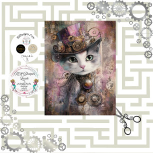 Decoupage Victorian Steampunk Pink Cat  Tissue Paper