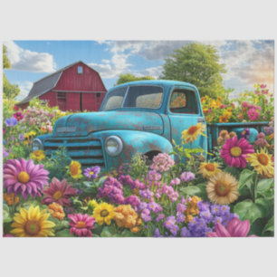Decoupage Vintage Blue/Teal Truck Field of Flowers Tissue Paper