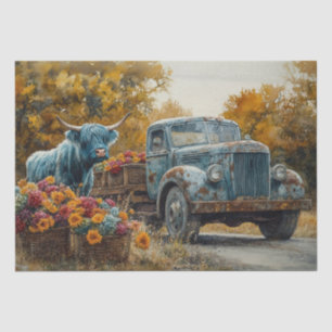 Decoupage Vintage Blue Truck Highland Cow Tissue Paper