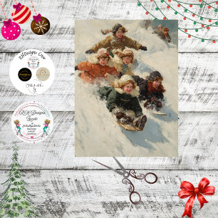 Decoupage Vintage Children Sledding Poster  Tissue Paper
