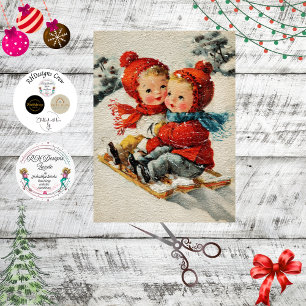 Decoupage Vintage Children Sledding Snowy Forest Tissue Paper