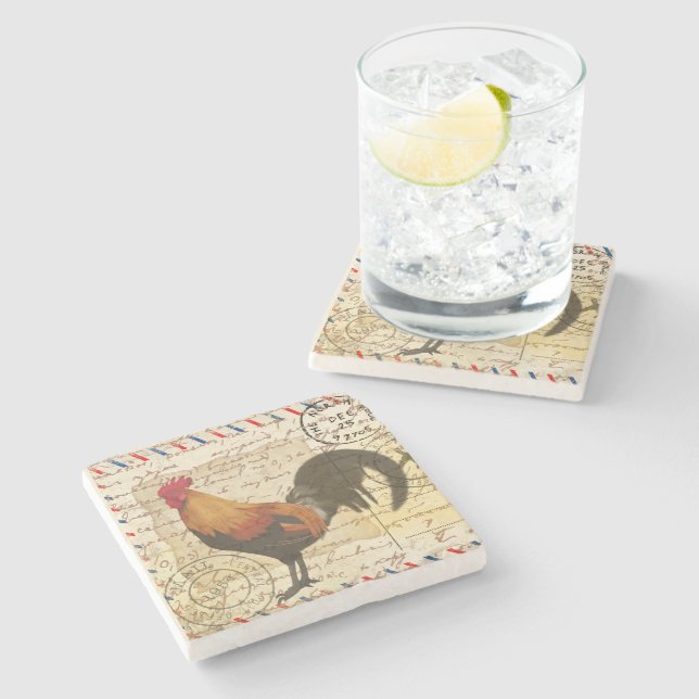 Decoupage Vintage Ephemera Farm Barn Rooster  Stone Coaster (Side)
