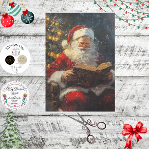 Decoupage Vintage Oil Painted Santa Reading Book  Tissue Paper