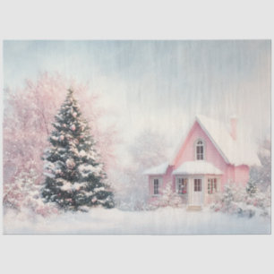 Decoupage Vintage Pink Christmas House Tree Scene Tissue Paper