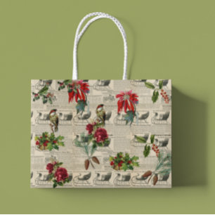 Decoupage Vintage Poinsettia Holiday Bird Writting Large Gift Bag