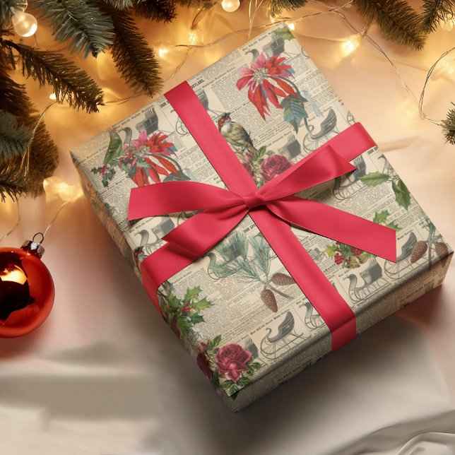 Decoupage Vintage Poinsettia Holiday Bird Writting Wrapping Paper (Creator Uploaded)