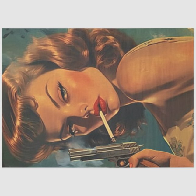 Decoupage Vintage Poster Girl Cigarette & Pistol Tissue Paper (Front)