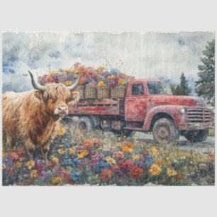 Decoupage Vintage Red Truck Field Flowers Tissue Paper