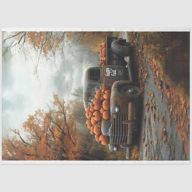 Decoupage Vintage Truck Pumpkins Fall Scene Tissue Paper (Front)