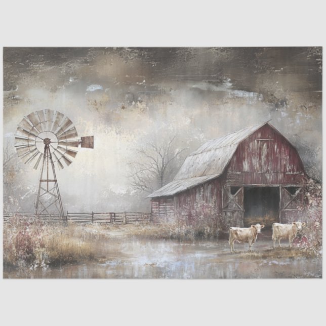 Decoupage Weathered Red Barn Windmill Cows Tissue Paper (Front)