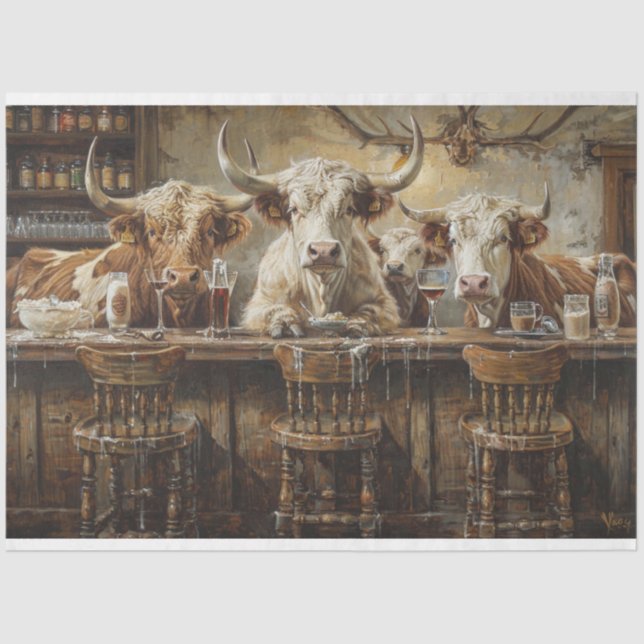 Decoupage Western Bar With Cows In Saloon  Tissue Paper (Front)