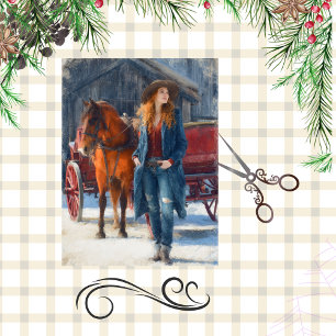Decoupage Western Christmas Girl Red Barn  Tissue Paper