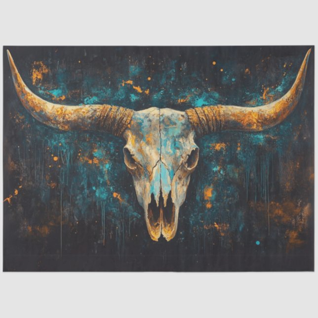 Decoupage Western Skull Longhorn Teal Rust Tissue Paper (Front)