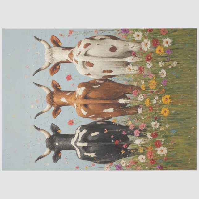 Decoupage Whimsical 3 Cow Friends Field Wildflower Tissue Paper (Front)