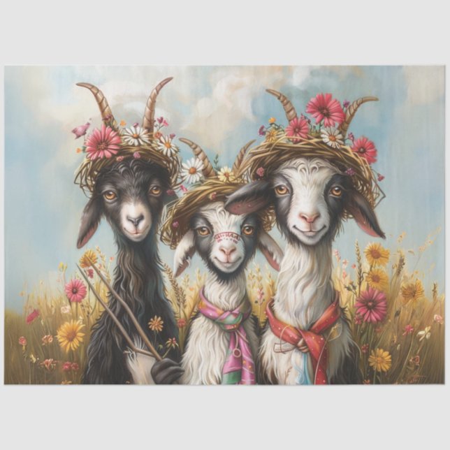 Decoupage Whimsical 3 Goats In Field Tissue Paper (Front)