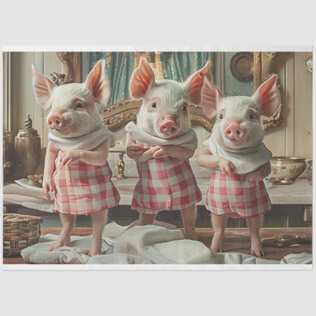 Decoupage Whimsical 3 Pigs Chequered Dresses  Tissue Paper (Front)