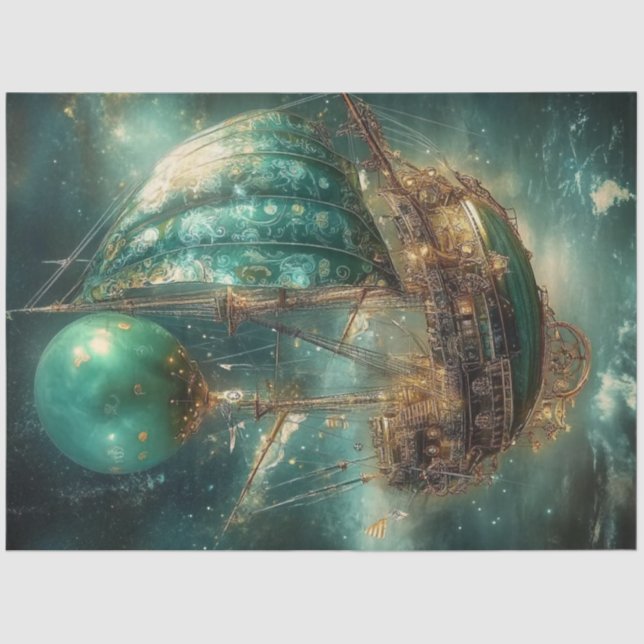 Decoupage Whimsical Airship Hot Air Balloon Greens Tissue Paper (Front)