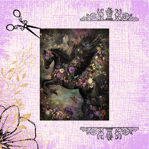 Decoupage Whimsical Black Horse Intricate Flowers Tissue Paper