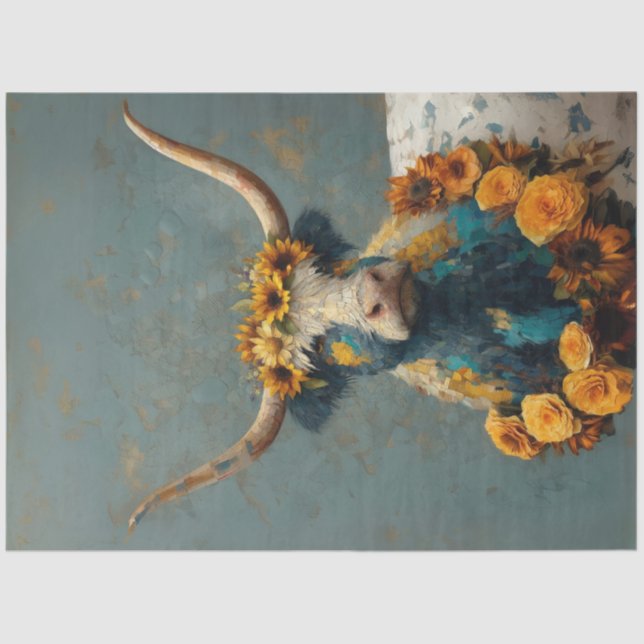 Decoupage Whimsical Blue Cracked Highland Cow  Tissue Paper (Front)