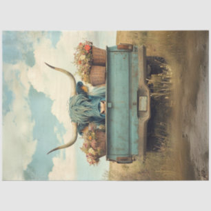 Decoupage Whimsical Blue Haired Highland Cow Truck Tissue Paper
