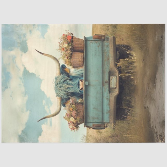 Decoupage Whimsical Blue Haired Highland Cow Truck Tissue Paper (Front)