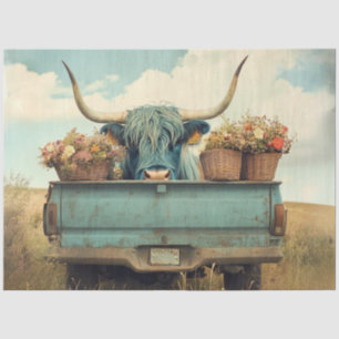 Decoupage Whimsical Blue Highland Truck Flowers Tissue Paper