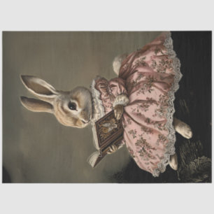Decoupage Whimsical Bunny Girl Reading Book on Log Tissue Paper